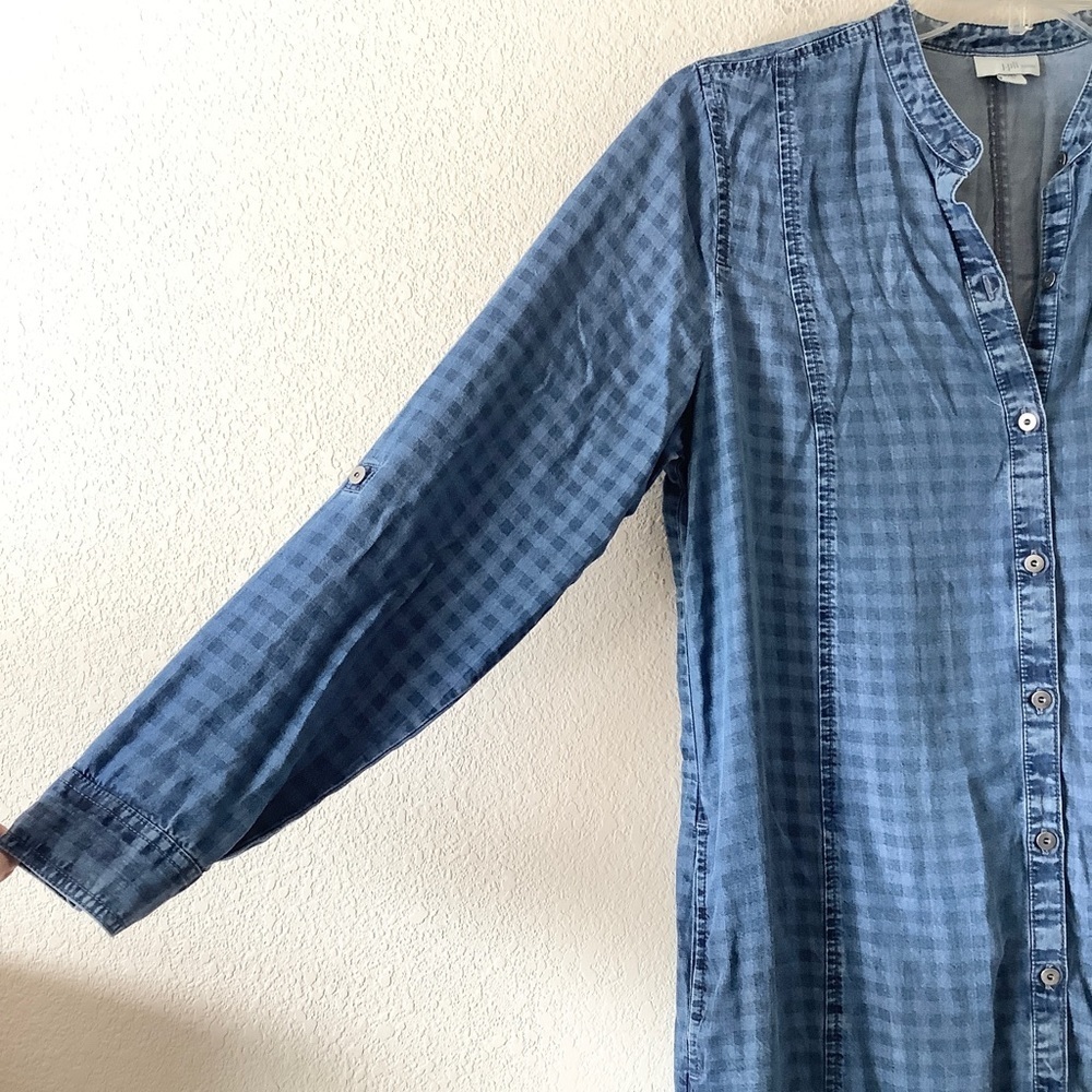 Chambray Shirtdress M Roll-Tab Sleeve Gingham Check Coastal Preppy Tomato Girl - Picture 5 of 12